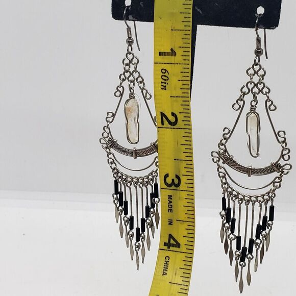 Vtg Silver Clear Quartz & Onyx Beads Handmade Boho Dangle Drop Earrings - Picture 7 of 9